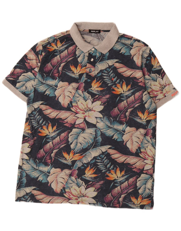 Replay Herren-Poloshirt mit Grafik, Marineblau, Blumenmuster, 4XL, Baumwolle