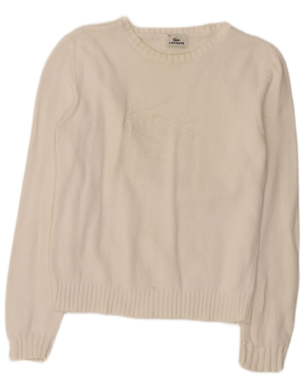 Lacoste Damen-Pullover mit grafischem U-Boot-Ausschnitt, Größe 42, große weiße Baumwolle