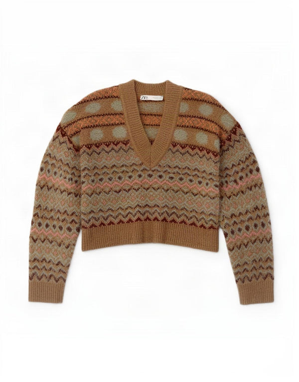 Zara Damen Crop V-Ausschnitt Pullover Pullover UK 14 Medium Beige Fair Isle