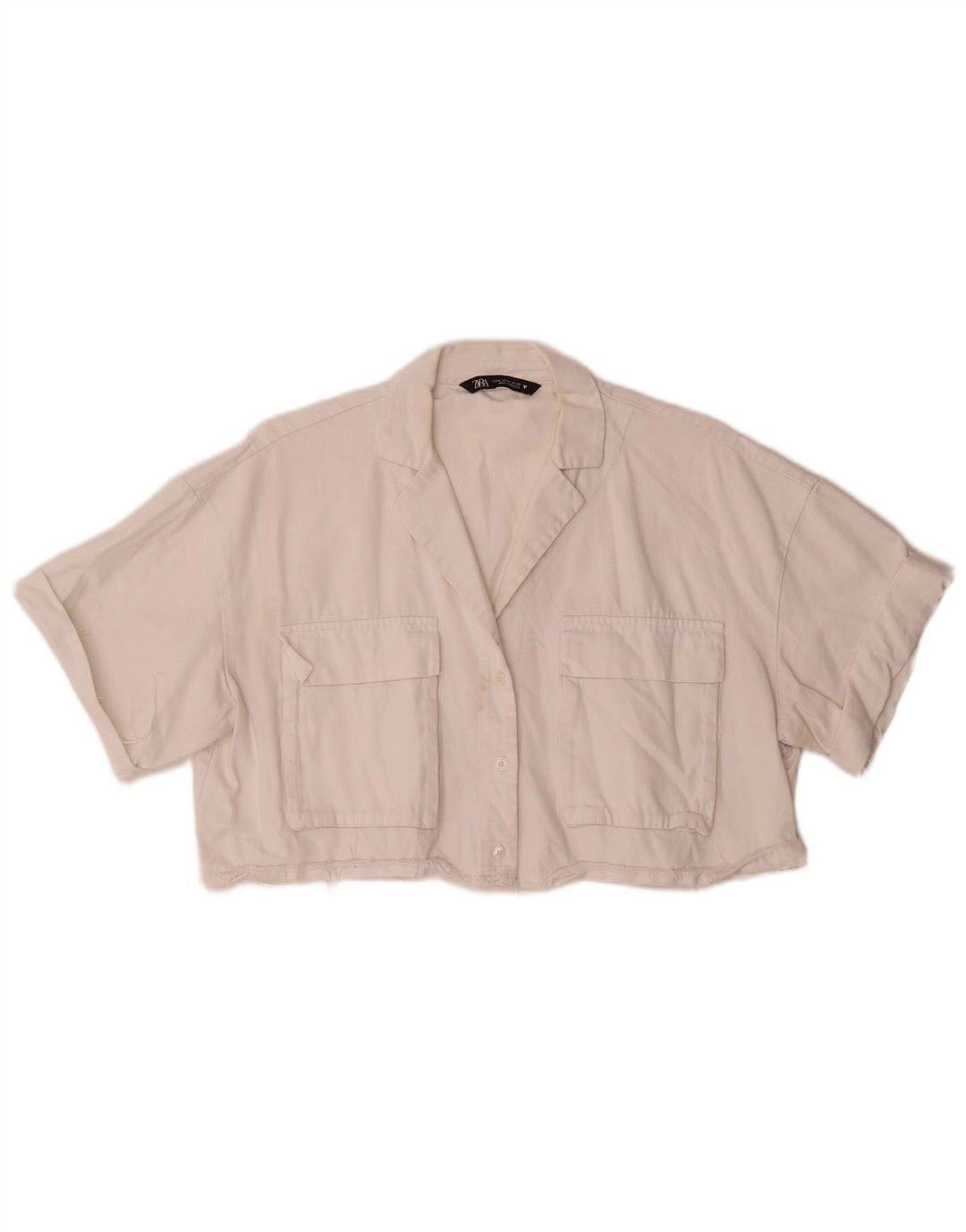 Zara Damen Übergroße Crop Kurzarm-Hemdbluse UK 14 Mittelweiß