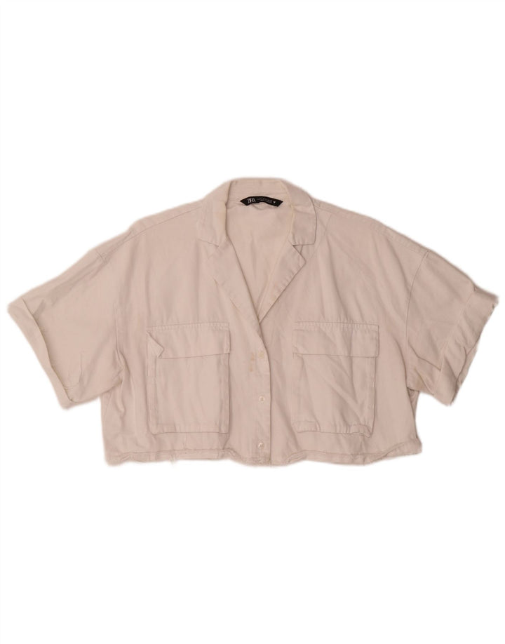 Zara Damen Übergroße Crop Kurzarm-Hemdbluse UK 14 Mittelweiß