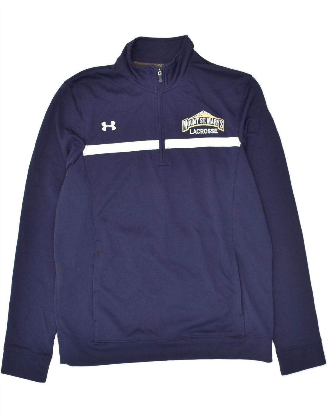 UNDER ARMOUR Mens Zip Neck Sweatshirt Jumper Medium Navy Blue Polyester | Vintage Under Armour | Thrift | Second-Hand Under Armour | Used Clothing | Messina Hembry 