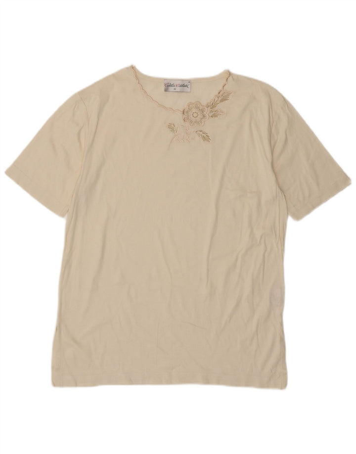 VINTAGE Damen T-Shirt Top EU 38 Medium Off White Floral Cotton