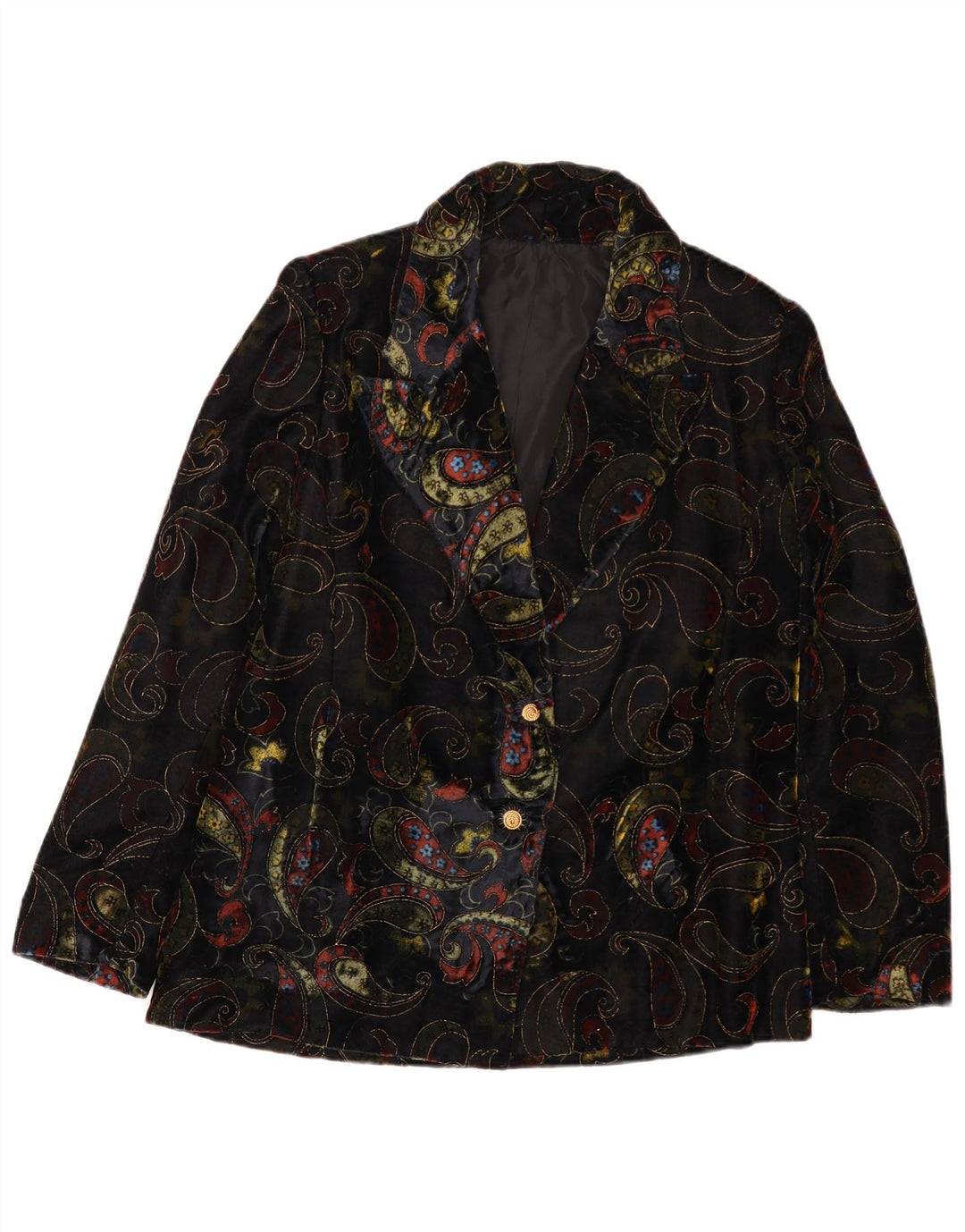 Vintage Damen 2-Knopf-Samt-Blazerjacke UK 12 Mittelschwarz Paisley