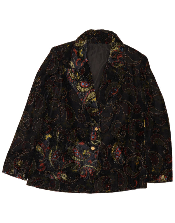 Vintage Damen 2-Knopf-Samt-Blazerjacke UK 12 Mittelschwarz Paisley