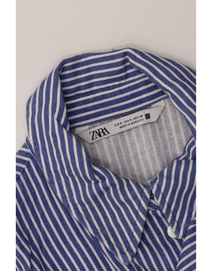 Zara Womens Front Tie Crop Shirt Bluse UK 10 Small Blau gestreift
