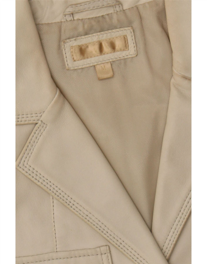 VINTAGE Womens Leather 3 Button Blazer Jacket UK 12 Medium Beige Vintage Vintage and Second-Hand Vintage from Messina Hembry 