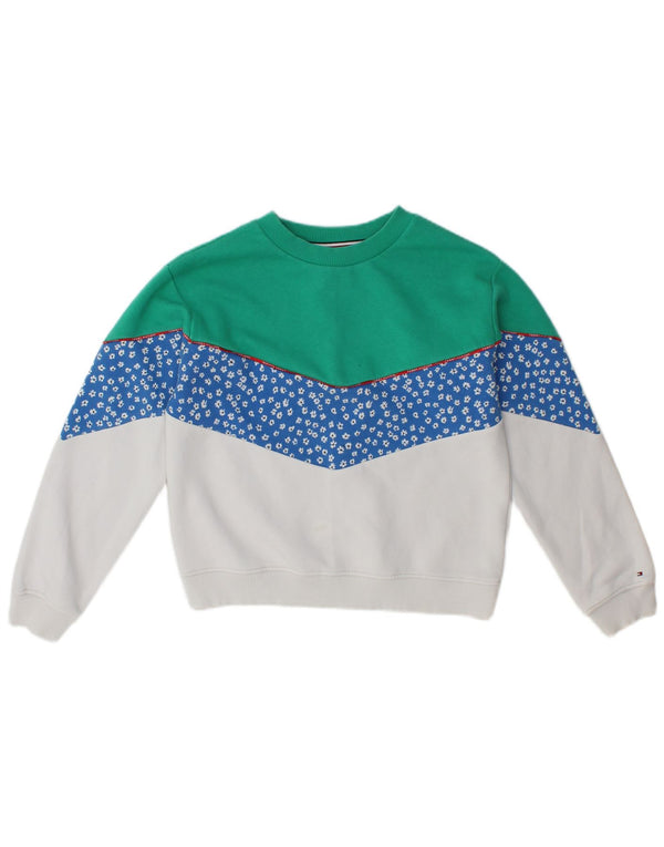 Tommy Hilfiger Mädchen-Sweatshirt-Pullover, 12–13 Jahre, grüne Colourblock-Baumwolle