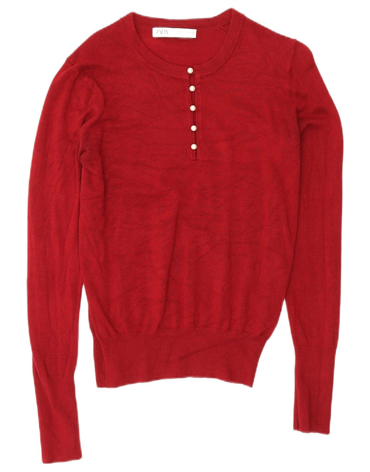 Zara Damen-Pullover mit Knopfkragen, Gr. 12, mittlere bordeauxrote Viskose