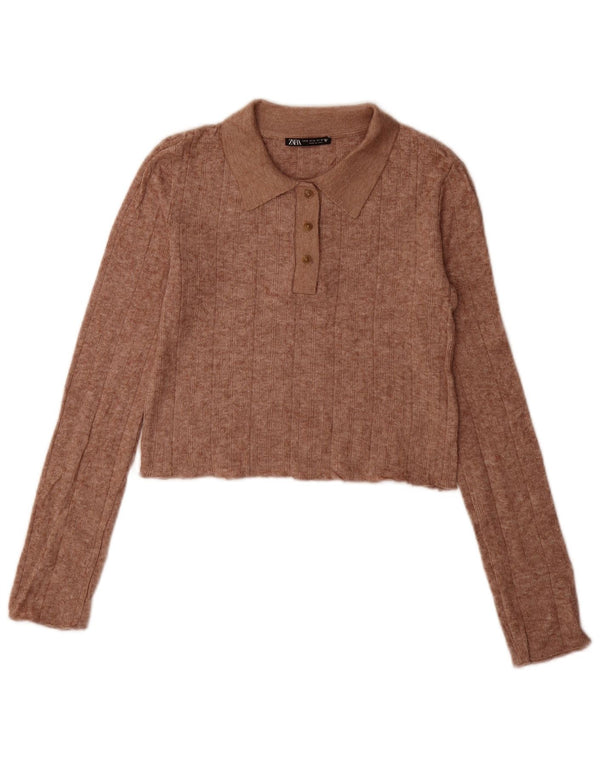 Zara Damen Crop Polo Neck Pullover Pullover UK 10 Small Braun