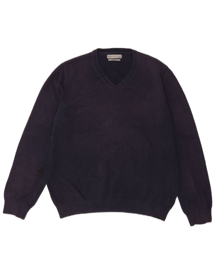 Marks & Spencer Herren-Pullover mit V-Ausschnitt, groß, marineblaue Baumwolle