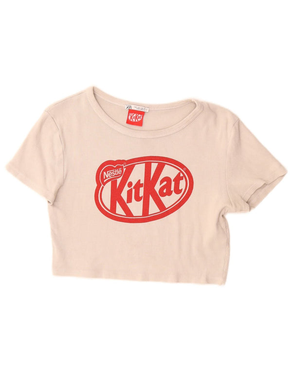 Zara Damen Crop Graphic T-Shirt Top UK 14 Large Graue Baumwolle