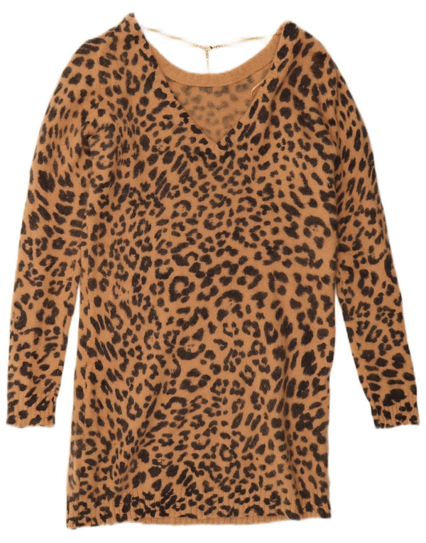Vintage Damen V-Ausschnitt Pullover Pullover UK 14 Mittelbraun Animal Print