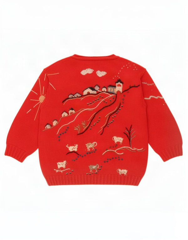 Vintage Damen Pullover mit grafischem U-Boot-Ausschnitt, UK 16, Größe L, Rot