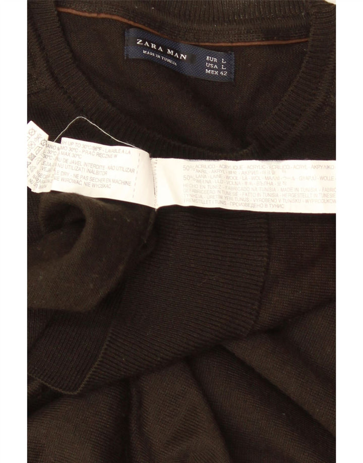 ZARA Herren-Pullover mit Rundhalsausschnitt, groß, braun, Acryl