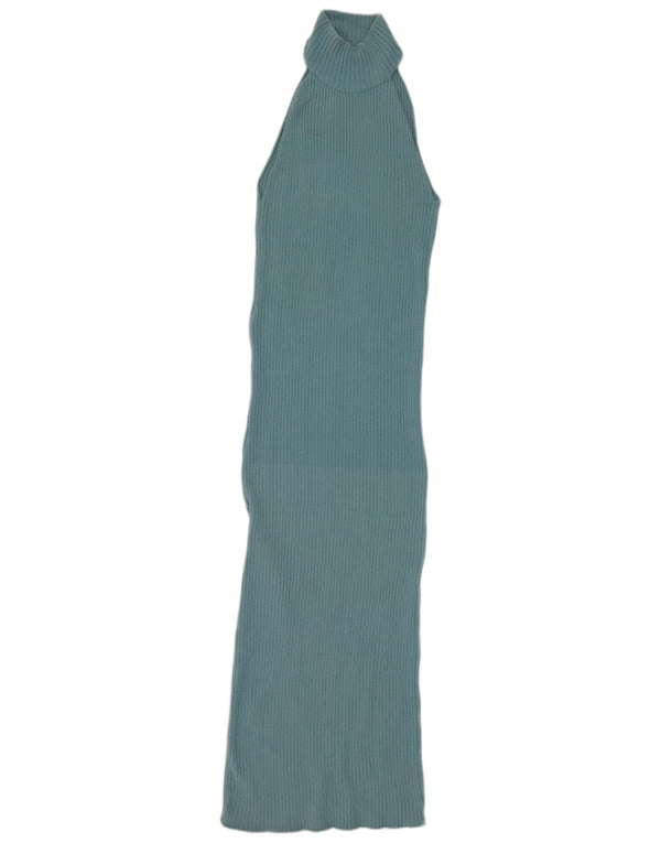 Zara Damen Maxi-Neckholder-Kleid UK 12 Mittelblaues Nylon