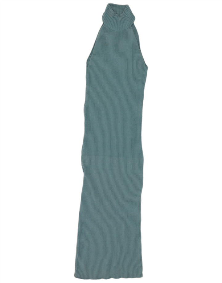 Zara Damen Maxi-Neckholder-Kleid UK 12 Mittelblaues Nylon