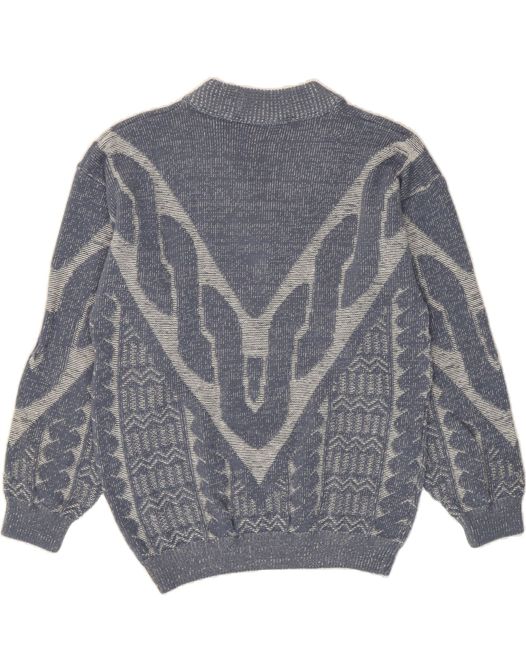 VINTAGE Mens Abstract Pattern V-Neck Jumper Sweater IT 50/52 Medium Blue Vintage Vintage and Second-Hand Vintage from Messina Hembry 