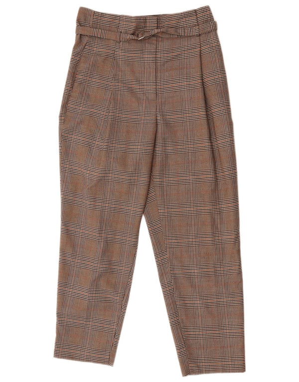 Zara Damen-Hose mit hoher Taille, schmal zulaufend, kurz, mittelgroß, W28, L26, braun kariert