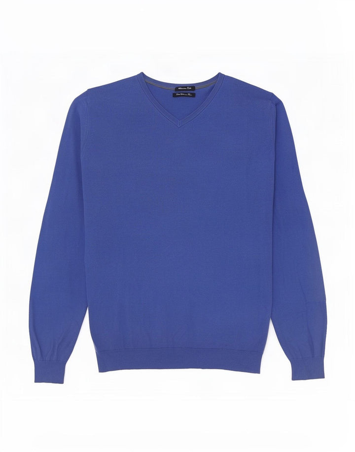 Massimo Dutti Herren-Pullover mit V-Ausschnitt aus mittelblauer Baumwolle