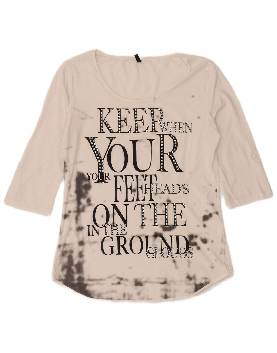 BENETTON Damen-Top mit Grafik, 3/4-Ärmel, UK 12, Mittelweiß