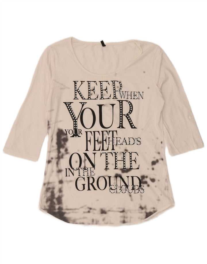 BENETTON Damen-Top mit Grafik, 3/4-Ärmel, UK 12, Mittelweiß