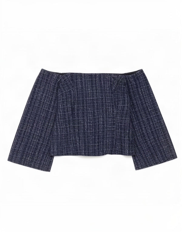 Schulterfreies Oberteil für Damen von Zara, UK 12, Mittelmarineblau, kariertes Polyester
