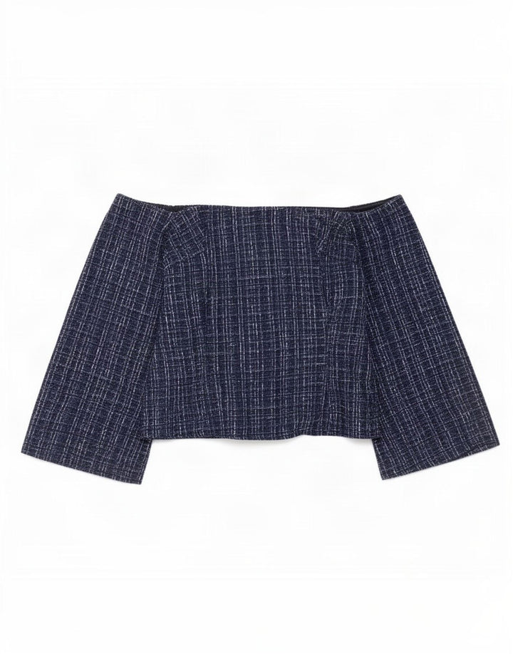 Schulterfreies Oberteil für Damen von Zara, UK 12, Mittelmarineblau, kariertes Polyester