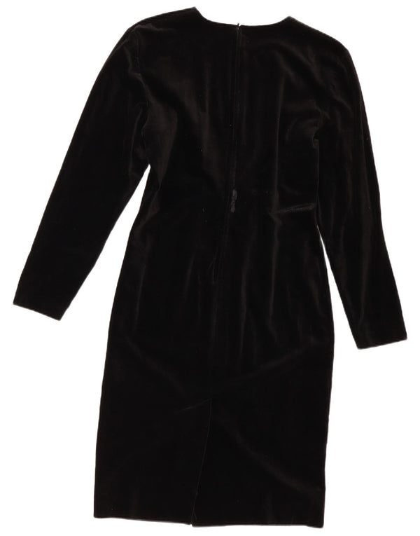 Vintage Damen Langarm Samt Etuikleid UK 8 Small Schwarz