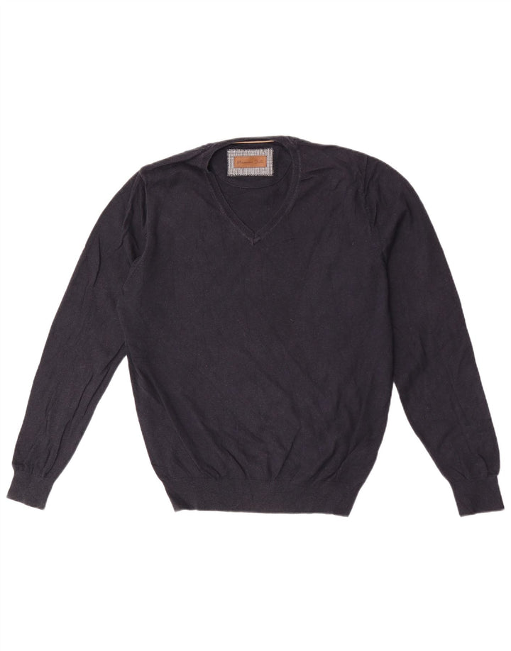 Massimo Dutti Herren-Pullover mit V-Ausschnitt aus mittelblauer Baumwolle