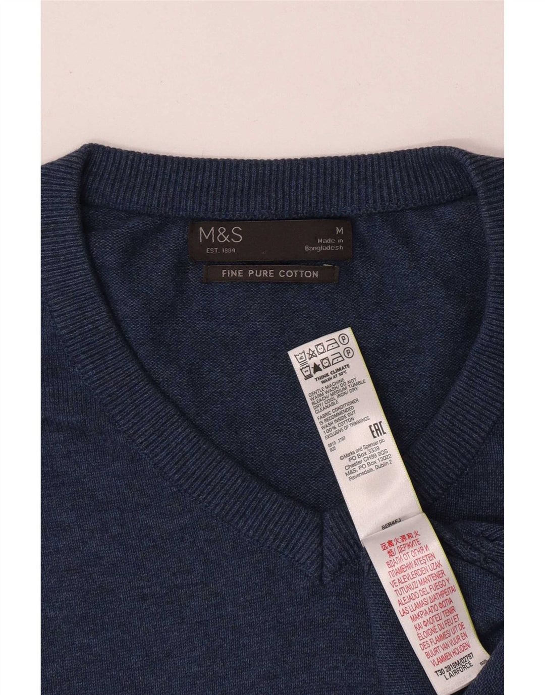 Marks & Spencer Herren-Pullover mit V-Ausschnitt aus mittelblauer Baumwolle