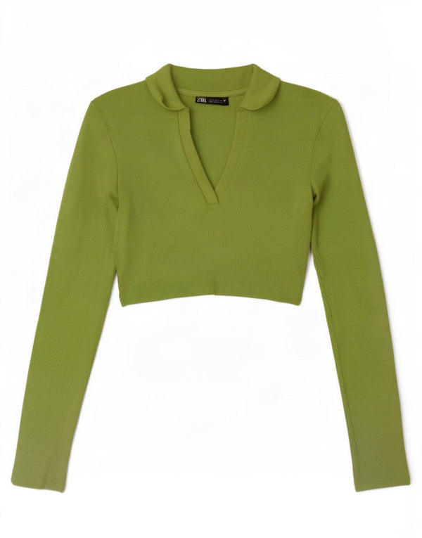 Zara Damen Langarm-Crop-Poloshirt UK 8 Small Grün