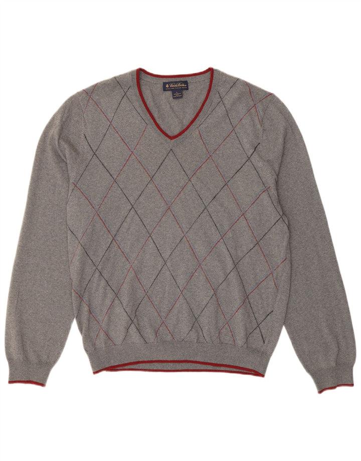 BROOKS BROTHERS Herren-Pullover mit V-Ausschnitt, Größe L, Grau Argyle/Diamant