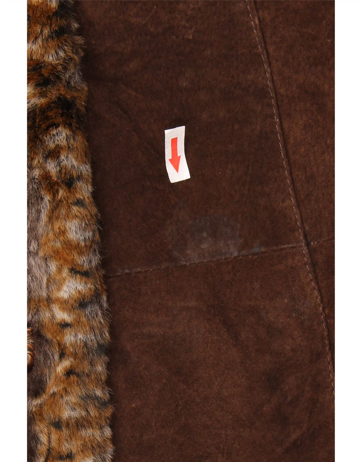 Vintage Damen Wildledermantel UK 14 Großes braunes Leder mit Animal-Print