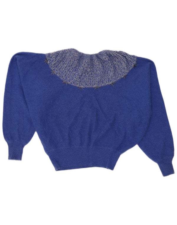 Vintage Damen Crop Pullover mit U-Boot-Ausschnitt UK 12 Mittelblau Farbblock