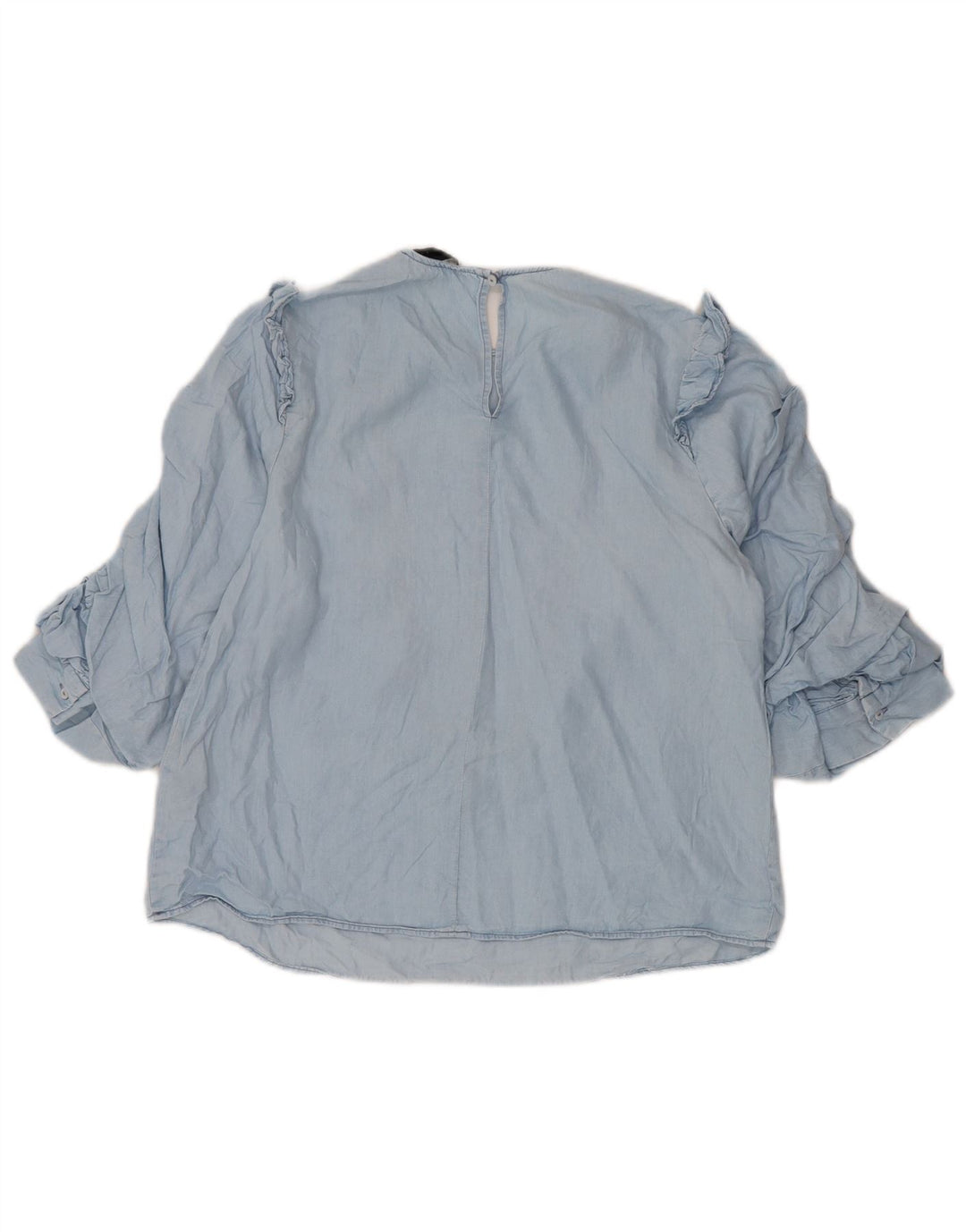Zara Damen-Blusenoberteil mit 3/4-Ärmeln und Rüschen vorne, UK 10, Größe S, blaues Lyocell
