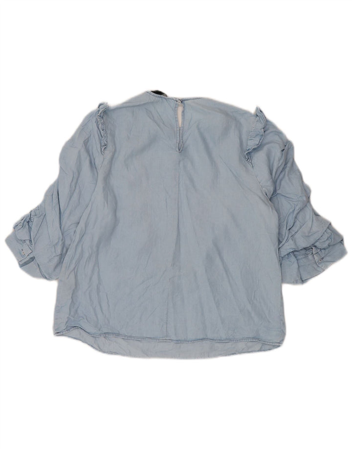 Zara Damen-Blusenoberteil mit 3/4-Ärmeln und Rüschen vorne, UK 10, Größe S, blaues Lyocell