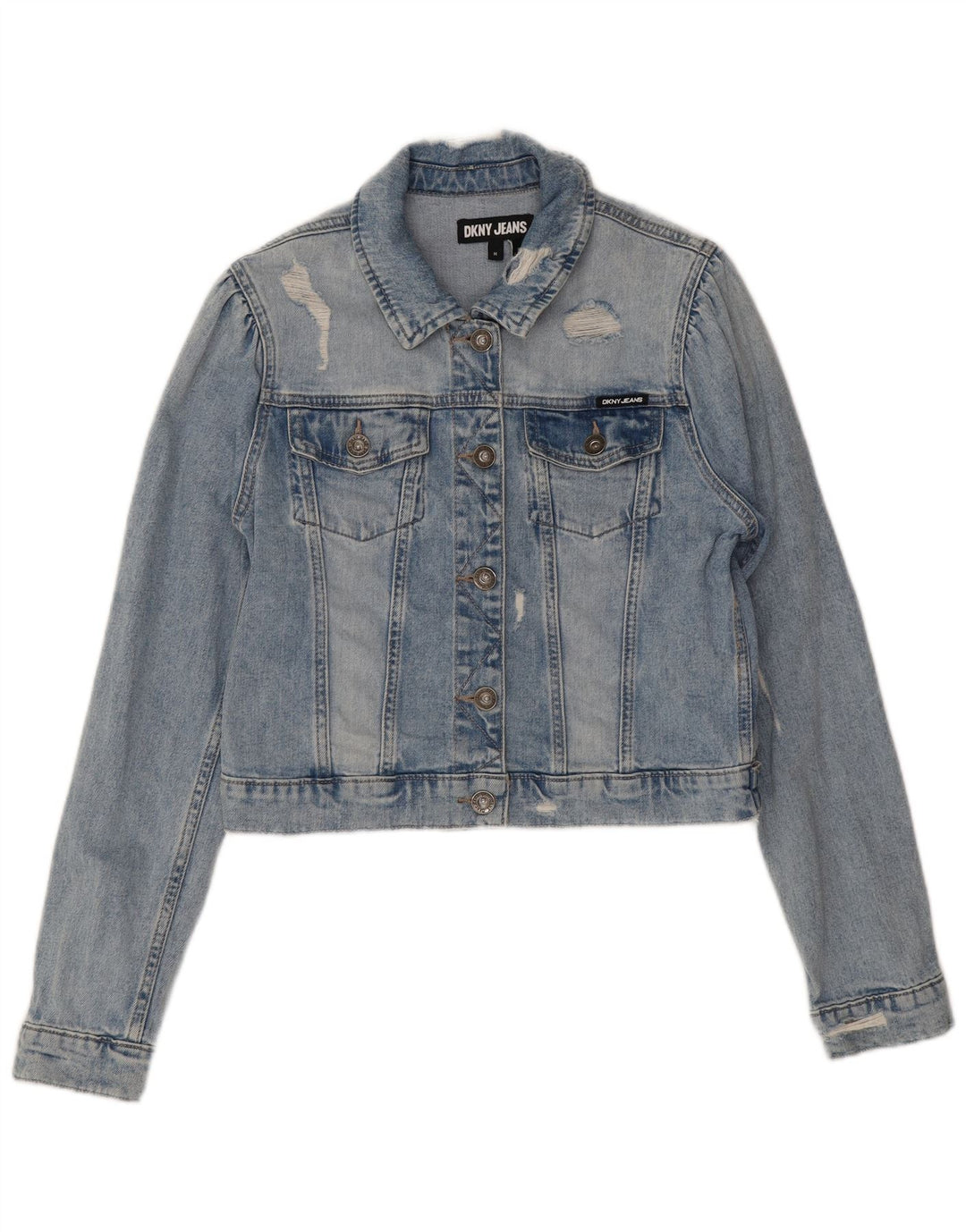 Dkny Womens Crop Distressed Denim Jacke UK 14 Mittelblaue Baumwolle