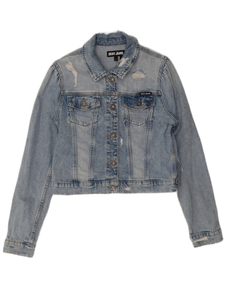 Dkny Womens Crop Distressed Denim Jacke UK 14 Mittelblaue Baumwolle