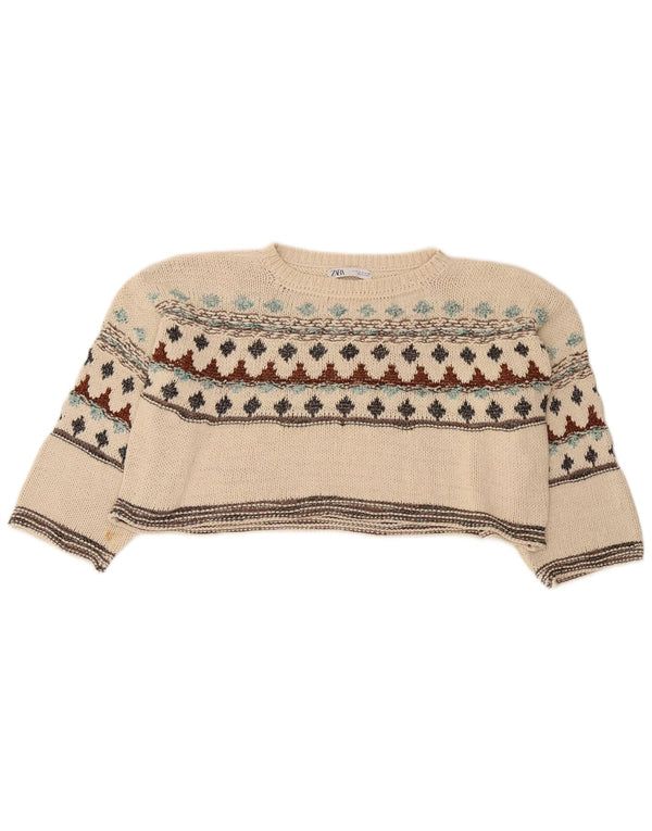 Zara Damen Pullover mit bauchfreiem U-Boot-Ausschnitt, Gr. 10, Small Beige Fair Isle