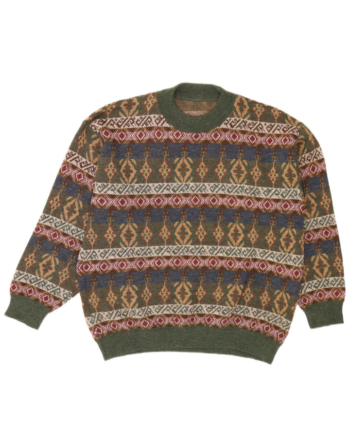 Vintage Herren Pullover mit Rundhalsausschnitt, Mittelgrün, geometrisch, Acryl, Retro