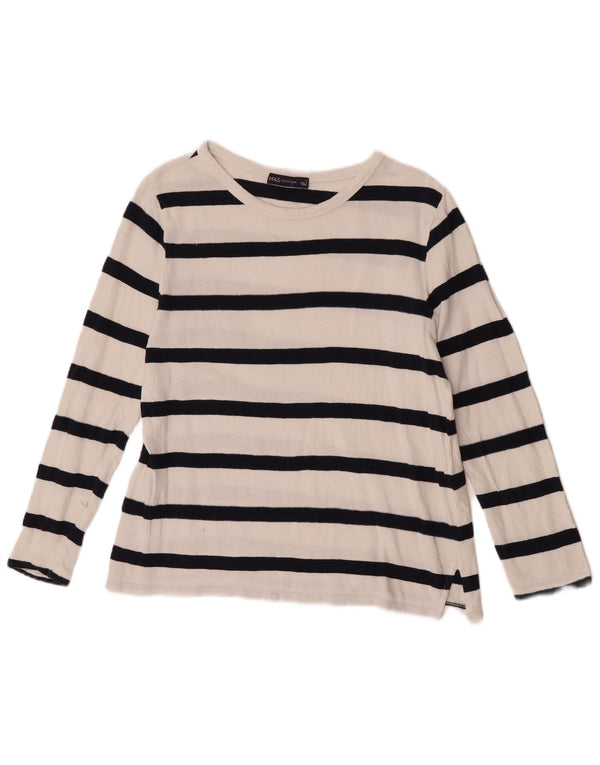 Marks & Spencer Damen Top Langarm UK 12 Mittelweiß gestreift Baumwolle