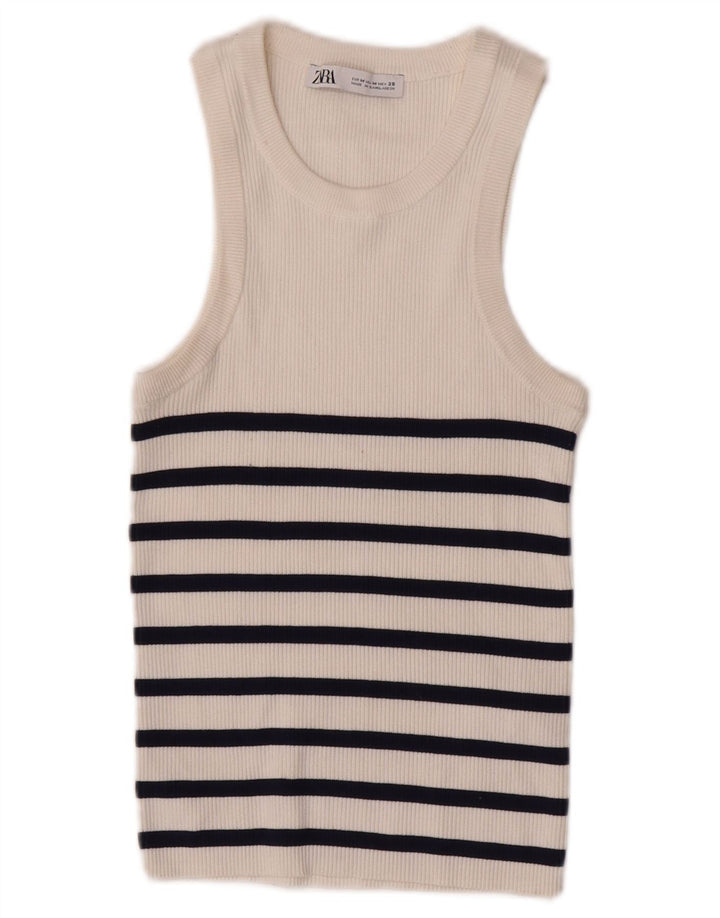 Zara Damen Crop Vest Top UK 12 Mittelweiß gestreifte Viskose