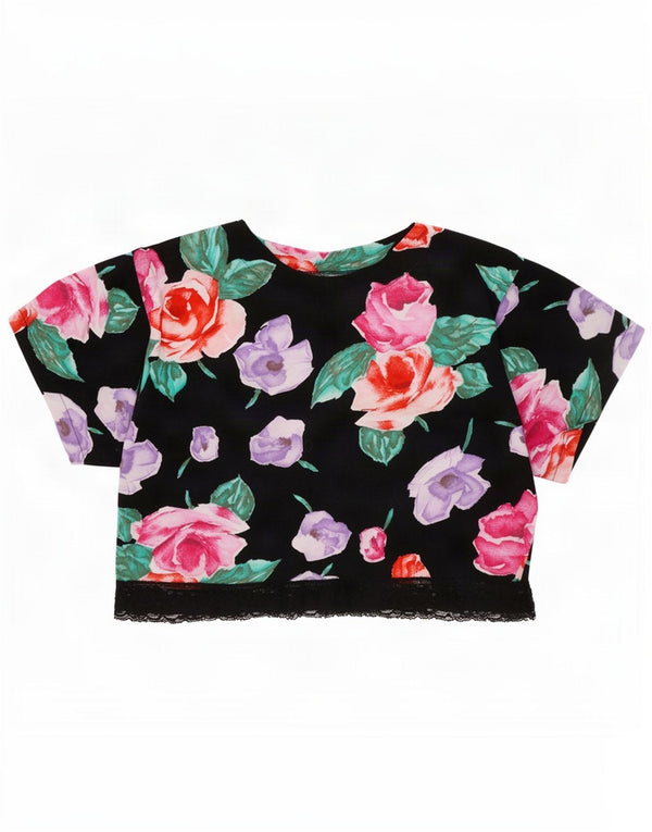 Vintage Damen Crop Top IT 44 Medium Black Floral Cotton
