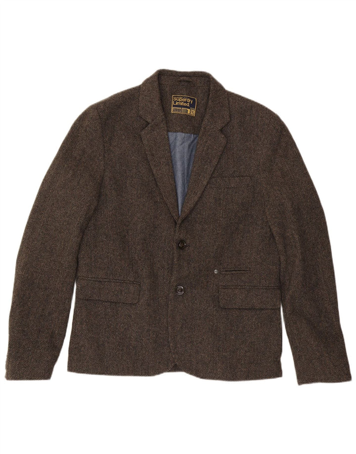 Superdry Herren-Blazer mit 2 Knöpfen, UK 44, 2XL, braune Baumwolle mit Fischgrätenmuster