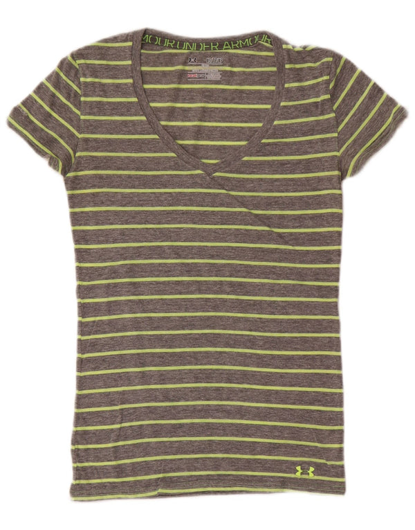 Under Armour Damen Heat Gear T-Shirt Top UK 4 XS grau gestreift aus Baumwolle