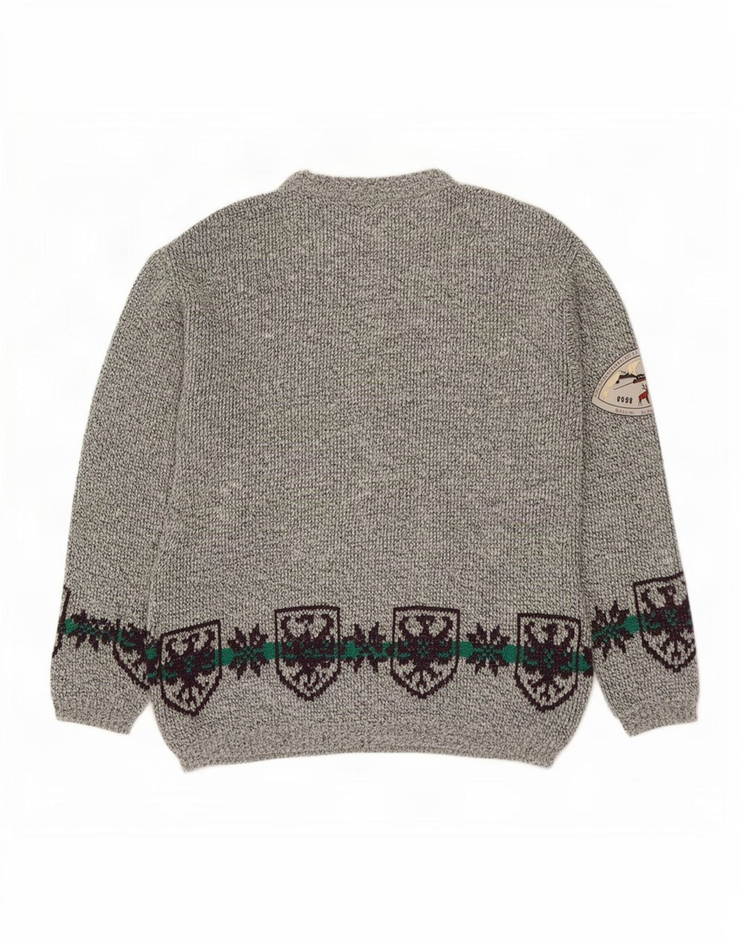 Vintage Herren-Pullover mit Rundhalsausschnitt, groß, graue Fair-Isle-Wolle