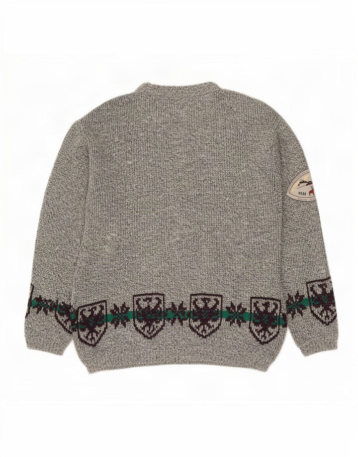 Vintage Herren-Pullover mit Rundhalsausschnitt, groß, graue Fair-Isle-Wolle