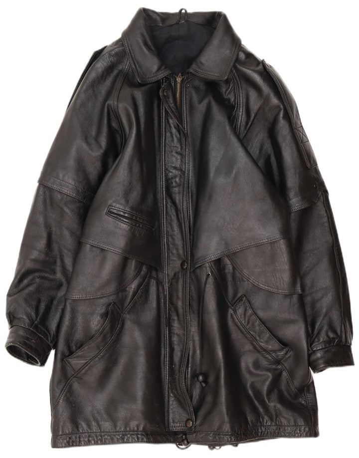Vintage Damen Übergroßer Ledermantel UK 16 Large Schwarz