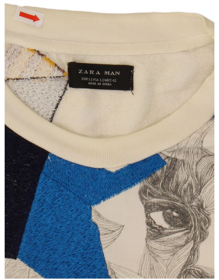 Zara Herren-Sweatshirt mit Grafik, Größe L, Weiß
